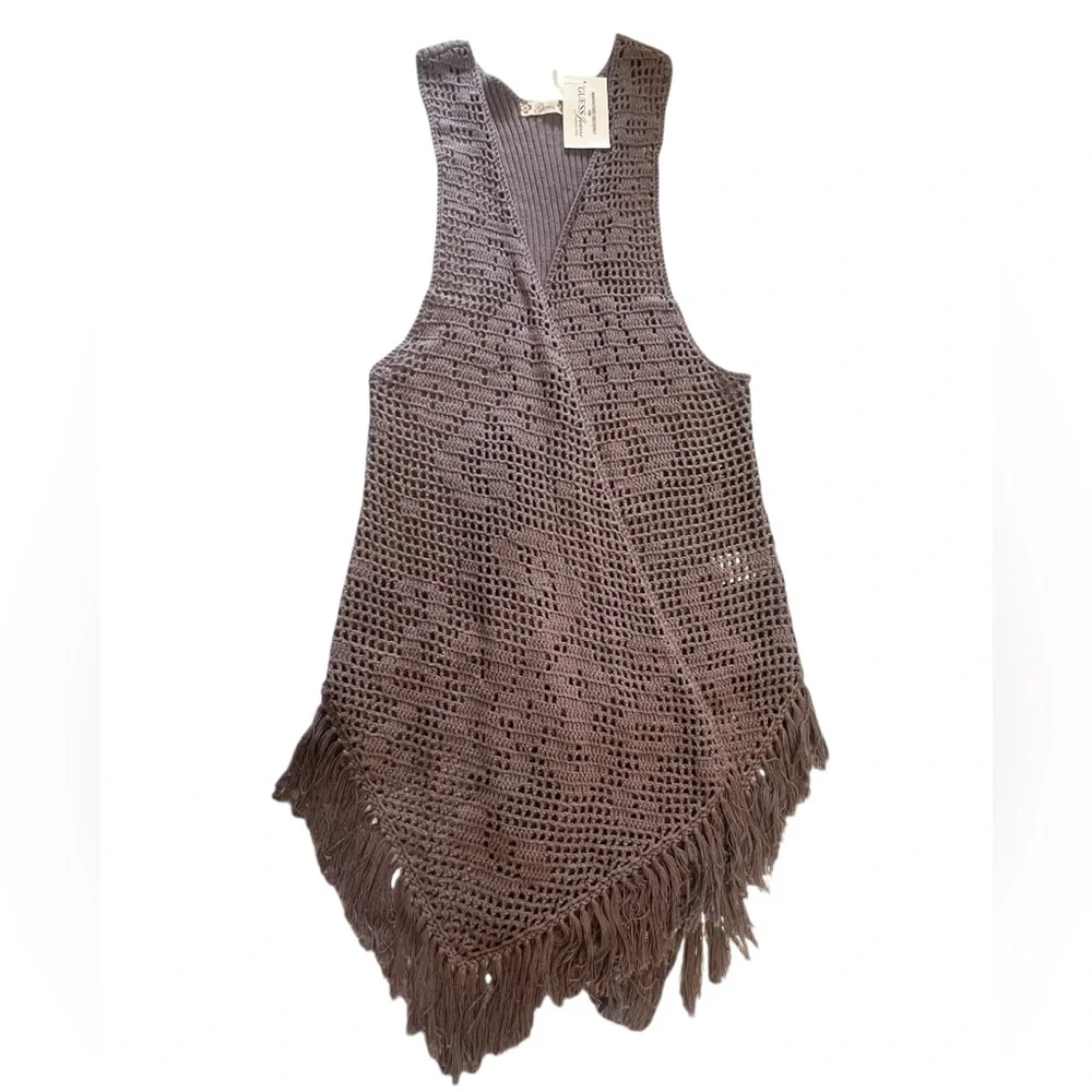 Guess Jeans 100% Cotton Bohemian/Western Brown Knit Crochet Open Vest